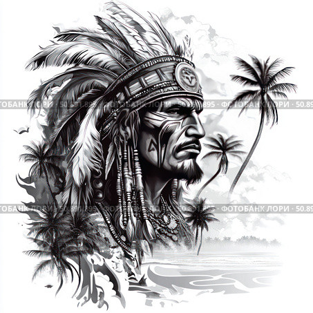 Black and white art illustration of a portrait of an Indian chief against the backdrop of tropical palm trees and the ocean coast. The chief is depicted with an expressive face, a traditional feather headdress and ethnic jewelry. The atmosphere of the drawing combines strength, wisdom and natural harmony. Ideal for use in clothing design, tattoo art, posters, thematic publications about indigenous cultures and freedom of spirit. Стоковое AI-изображение, AI-художник Анна Кривицкая / Фотобанк Лори