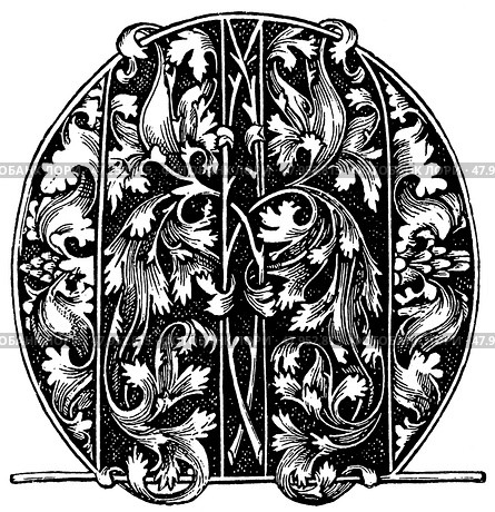Black and white Gothic letter "M" by Israel van Meckenen, vintage book illustration in medieval style. Publication of the "Meyers encyclopedia", Vol. 6, Leipzig, Germany, 1910. Стоковая иллюстрация, иллюстратор Sergey Kohl / Фотобанк Лори