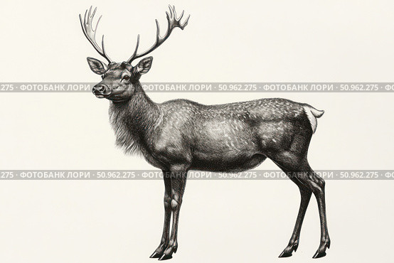 Black and white illustration of a red deer with antlers, made in the style of engraving or line art. Detailed image of the animal in profile on a light background. The work is suitable for encyclopedias, scientific publications, packaging design, books on nature and fauna, as well as vintage prints and art collections. Стоковое AI-изображение, AI-художник Анна Кривицкая / Фотобанк Лори