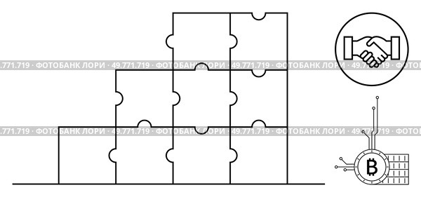Black and white image representing stackable puzzle blocks next to handshake and bitcoin symbol. Ideal for business cooperation, blockchain technology, teamwork, cryptocurrency transactions. Puzzle Blocks with Handshake Symbol and Bitcoin Representation in Linear Style. Стоковая иллюстрация, агентство Ingram Publishing / Фотобанк Лори