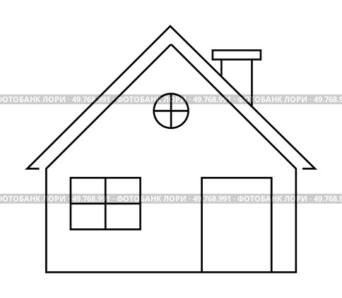 Black-and-white line drawing of a house with a triangular roof, square window, circular attic window, door, and chimney. Ideal for architecture, home design, kids coloring, minimalism, vector art.. Simple Line Drawing of a House with Four-Pane Window and Chimney. Стоковая иллюстрация, агентство Ingram Publishing / Фотобанк Лори