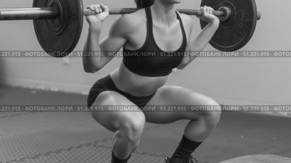 Black and white montage showcasing a muscular woman executing barbell squats, highlighting her strength and dedication to fitness in a gym setting. Стоковое AI-видео, аниматор Юрий Поздников / Фотобанк Лори