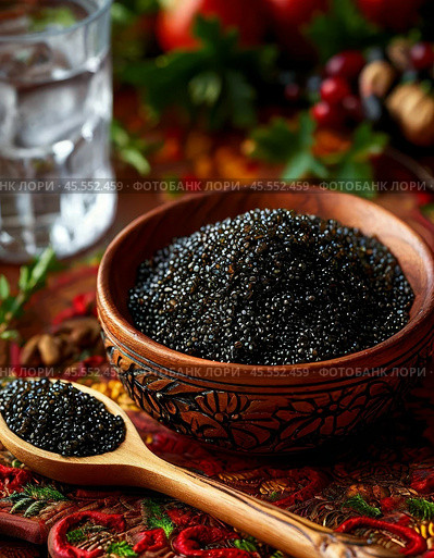 Black caviar in a wooden dish. A beautiful and original appetizer for a festive table. Enjoy your meal! Стоковое AI-изображение, AI-художник Сергей Елизарьев / Фотобанк Лори
