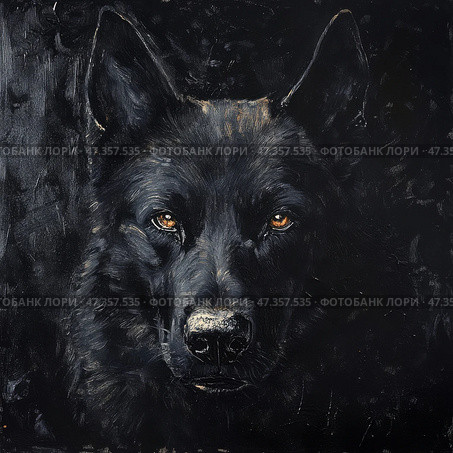 Black dog, wolf painting on black background. Стоковое AI-изображение, AI-художник Julia Shepeleva / Фотобанк Лори