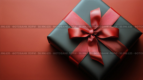 Black Gift Box With Red Ribbon on Red Background Ready for Celebration or Special Occasion. Стоковое AI-изображение, AI-художник Юлия Гапеенко / Фотобанк Лори