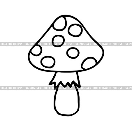 Black hand-drawn vector illustration of One fresh mushroom Fly agaric isolated on a white background. Стоковая иллюстрация, иллюстратор Татьяна Куклина / Фотобанк Лори