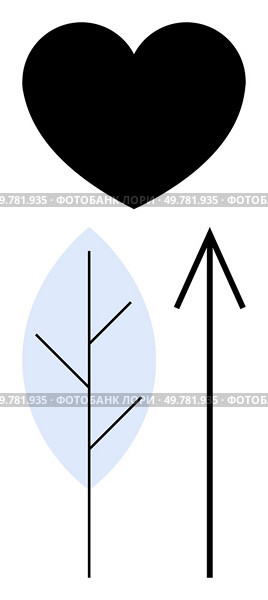 Black heart symbol above blue leaf with branches and simple arrow pointing up. Ideal for environment, love, growth, direction, nature, mindfulness, and guidance. Line metaphor. Heart, Leaf, and Arrow Symbols Representing Love, Nature, and Direction in Bold, Minimalistic Design. Стоковая иллюстрация, агентство Ingram Publishing / Фотобанк Лори