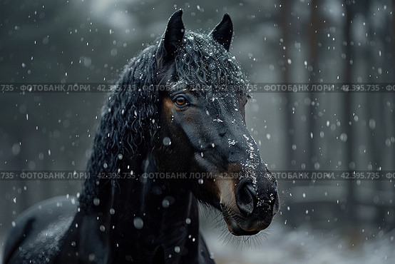 Black horse winter portrait in action,    Generative AI. Стоковое AI-изображение, AI-художник Анна Кривицкая / Фотобанк Лори