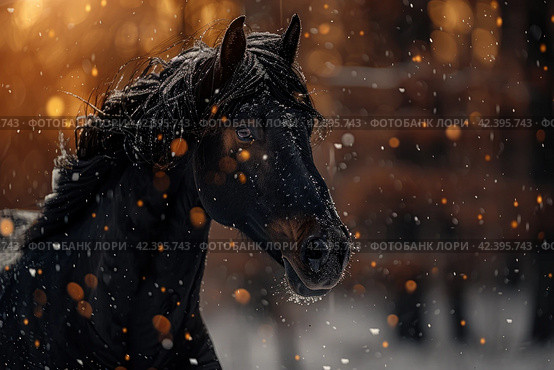 Black horse winter portrait in action,    Generative AI. Стоковое AI-изображение, AI-художник Анна Кривицкая / Фотобанк Лори