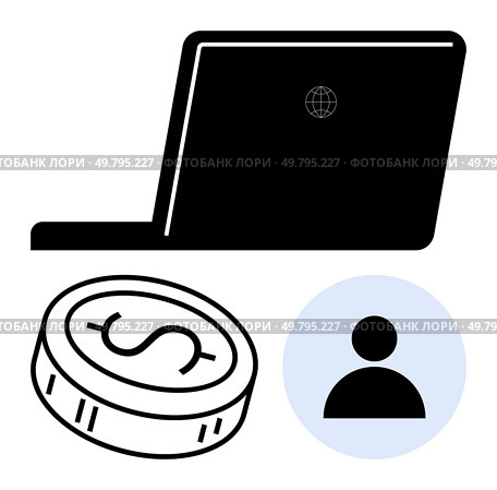 Black laptop, dollar coin, and blue circle with user icon suggesting online business activities or financial operations. Ideal for e-commerce, online banking, digital marketing, fintech, remote work. Laptop, Dollar Coin, and User Icon Representing Online Business and Financial Interaction. Стоковая иллюстрация, агентство Ingram Publishing / Фотобанк Лори