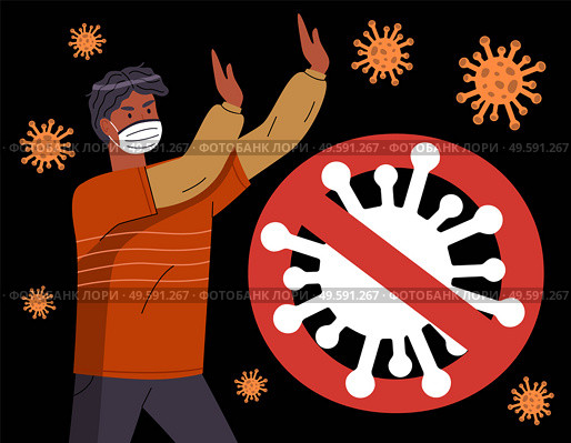 Black man show stop gesture against spreading coronavirus at black background. Huge crossed out sign with virus. World virus epidemy. Concept of stop covid19. Banner in flat style with flying virus. Black man in face protective mask show stop gesture to spread virus, crossed out sign with virus. Стоковая иллюстрация, агентство Ingram Publishing / Фотобанк Лори