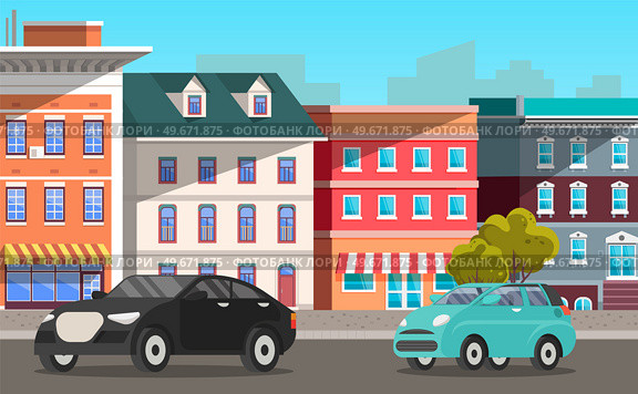 Black modern cars sedan and minivan drive on road in city against tall buildings. Urban landscape auto road vector vehicle, transportation. Car tourism, family auto trip, journey, automobile transport. Black modern cars sedan and minivan drive on road in city against tall buildings urban landscape. Стоковая иллюстрация, агентство Ingram Publishing / Фотобанк Лори