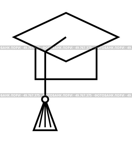 Black outline graduation cap with a tassel on a white background. Detail highlights simple celebratory imagery. Ideal for education, graduations, achievement, academic success, school events. Line art. Graduation Cap with Tassel Representing Academic Achievement and Ceremony. Стоковая иллюстрация, агентство Ingram Publishing / Фотобанк Лори