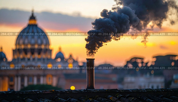 Black smoke rises from Vatican chimney signaling momentous conclave event as St Peter’s Basilica looms in background at sunset. Стоковое AI-изображение, AI-художник Igor Tichonow / Фотобанк Лори