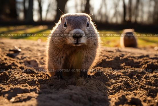 Black tailed prairie dog emerging from burrow at sunset in a park. Стоковое AI-изображение, AI-художник Иван Рябоконь / Фотобанк Лори