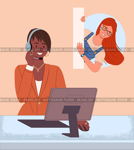 Black woman call center operator with headphones answers red hair girl customer. Woman works on a customer support hotline. Female call center operator and female client. User service support. Woman call center or hotline operator chats with girl client online in customer service support. Стоковая иллюстрация, агентство Ingram Publishing / Фотобанк Лори
