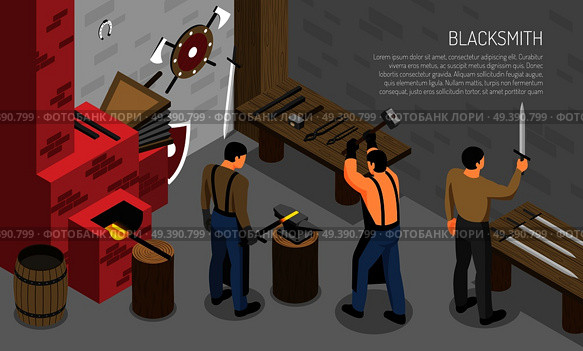 Blacksmith Craft Isometric Horizontal Illustration. Стоковая иллюстрация, агентство Ingram Publishing / Фотобанк Лори