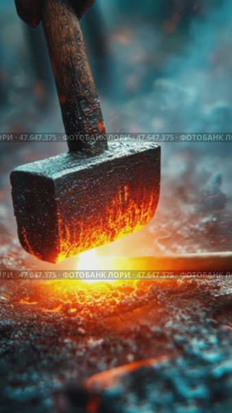 Blacksmith forging glowing metal with a hammer and anvil; sparks fly in a fiery, intense industrial process. Стоковое AI-видео, аниматор Данила Большаков / Фотобанк Лори