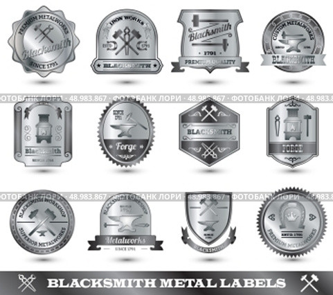 Blacksmith ironwork craft master metal label set isolated vector illustration. Blacksmith Metal Label. Стоковая иллюстрация, агентство Ingram Publishing / Фотобанк Лори