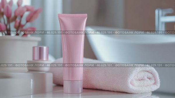 Blank cosmetic plastic pink tube mockup. Cream lotion gel packaging, white bathroom towel stack. Skincare beauty product. Marketing branding template mock up. Empty brand design background. Self care. Стоковое AI-видео, аниматор Марина Демидюк / Фотобанк Лори