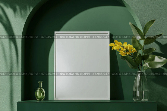 Blank Greeting Card, Invitation Mockup. Front view Yellow Flowers in Vase, Modern Green Wall, Boho Paper Mock Up on Table. Copy Space. Minimal Business Brand Template. Soft Shadow Nordic Flier Design. Стоковое AI-изображение, AI-художник Марина Демидюк / Фотобанк Лори