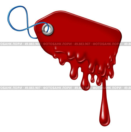 Bleeding debt and liquidation sale financial concept or halloween sales symbol as a retail price tag with blood dripping down on a white background as an icon for hot specials with melting plastic. Стоковое фото, агентство Ingram Publishing / Фотобанк Лори