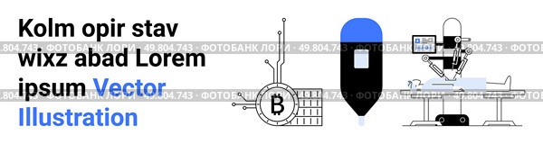 Blockchain chip connected to circuits, a blue and black magnifying tool, robotic arm on a platform with a monitor. Ideal for technology, cryptocurrency, blockchain, fintech, automation, research. Blockchain and Cryptocurrency Miner with Inspection Tool and Robotic Arm in Tech Environment. Стоковая иллюстрация, агентство Ingram Publishing / Фотобанк Лори