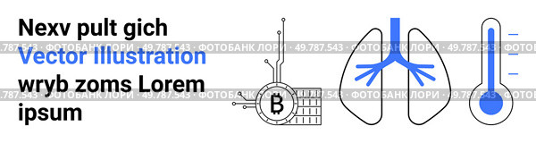 Blockchain logo, network nodes, lungs, thermometer. Ideal for healthcare, biotechnology, cryptocurrency, AI, fintech data security medical journal Landing page. Modern Blockchain and Health Technology Graphics with Cryptocurrencies and Biometrics. Стоковая иллюстрация, агентство Ingram Publishing / Фотобанк Лори