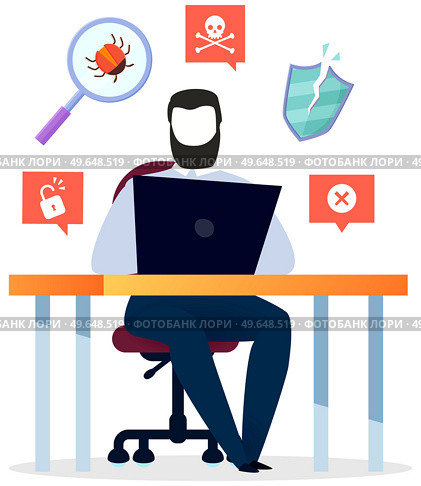 Blocking hacker attack to personal account. Hacker breaks into computer. Cyber attacker trying to hack data protection system. Virus, cracking software. Man is hacking PC, stealing personal data. Cyber attacker trying to hack protection system. Man is hacking PC, stealing personal data. Стоковая иллюстрация, агентство Ingram Publishing / Фотобанк Лори
