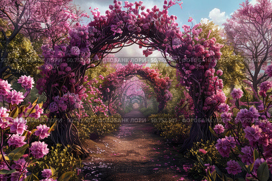 Blooming archway creating enchanting pathway in lush garden. Стоковое AI-изображение, AI-художник Иван Рябоконь / Фотобанк Лори