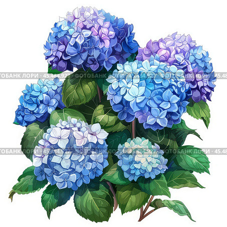 Blooming blue hydrangeas creating a stunning floral display. Стоковое AI-изображение, AI-художник Иван Рябоконь / Фотобанк Лори