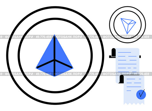 Blue and black pyramid inside concentric circles with geometric outline near detailed scroll and checkmark. Ideal for business concepts, financial contracts, digital signing, validation processes. Geometric Pyramid with Receipt and Checkmark. Стоковая иллюстрация, агентство Ingram Publishing / Фотобанк Лори