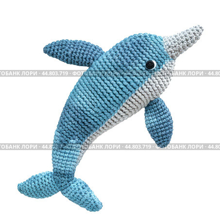 Blue and grey dolphin amigurumi crochet plushie toy. Стоковое AI-изображение, AI-художник Иван Рябоконь / Фотобанк Лори
