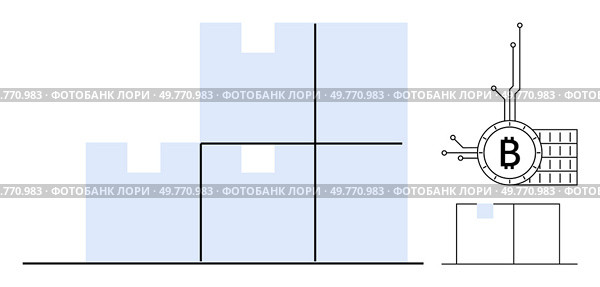 Blue and white blocks arranged in a Tetris-like pattern next to a Bitcoin symbol with circuit elements. Ideal for technology, cryptocurrency, blockchain, data storage, digital currency. Minimalistic. Blue and White Diagram Representing Building Blocks and Bitcoin Symbol with Circuit Elements. Стоковая иллюстрация, агентство Ingram Publishing / Фотобанк Лори
