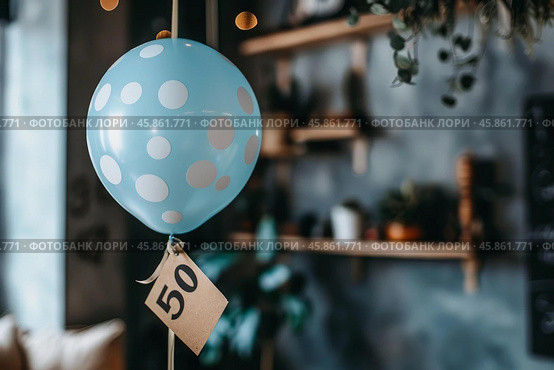 Blue balloon with white dots hanging in a cafe for a 50th birthday party. Стоковое AI-изображение, AI-художник Иван Рябоконь / Фотобанк Лори