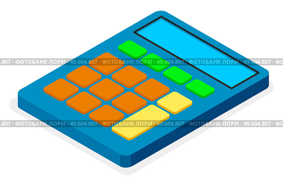 Blue calculator flat design, electronic device for mathematics calculations with colored buttons isolated on white. Digital keypad with display. Numerical math counter for financial balance account. Blue calculator flat design icon, electronic device for math calculations with colored buttons. Стоковая иллюстрация, агентство Ingram Publishing / Фотобанк Лори
