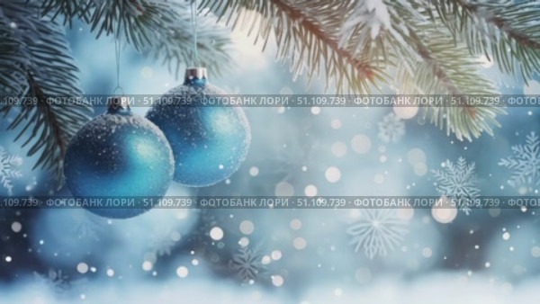 Blue Christmas baubles with a frosted finish hang from snow-covered pine branches in a serene winter scene. zoom in, zoom out, pan, or 360 degree shot, animate. Стоковое AI-видео, аниматор ALLA YURTAYEVA / Фотобанк Лори