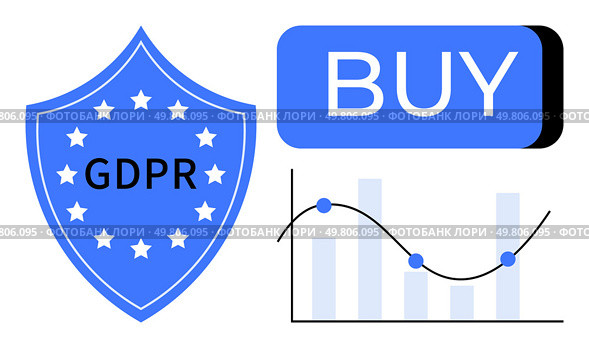 Blue GDPR shield with stars, large BUY button, and a chart with bars and a trend line. Ideal for data privacy, e-commerce security, online shopping, business analytics, regulatory compliance, data. GDPR Compliance and E-commerce Growth Concept with Data Security Shield and Purchase Button. Стоковая иллюстрация, агентство Ingram Publishing / Фотобанк Лори