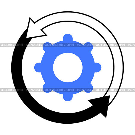 Blue gear surrounded by black and white circular arrows indicating a continuous process. Ideal for technology, engineering, process efficiency, automation, and workflow management. Simple, vector, min. Blue Gear with Black and White Circular Arrows Representing Continuous Process or Cycle. Стоковая иллюстрация, агентство Ingram Publishing / Фотобанк Лори