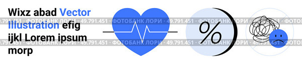 Blue heart with heartbeat line, percentage symbol, and sad face with scribble cloud. Ideal for healthcare, finance, business, psychology, mental health, statistics, wellness. Landing page. Blue Heartbeat, Percentage, and Sad Face Icons for Health, Business, and Psychology. Стоковая иллюстрация, агентство Ingram Publishing / Фотобанк Лори