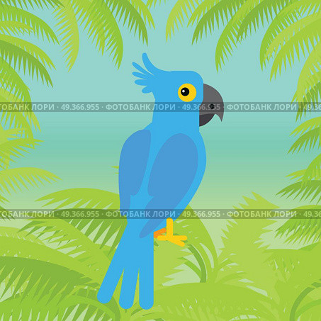 Blue macaw flat design vector. Wild rare amazonian bird. Exotic parrot sitting in palm trees brunches. Tropical fauna species. For nature concepts, children s books illustrating, printing materials. Blue Macaw Parrot Vector Flat Design Illustration. Blue Macaw Parrot Vector Flat Design Illustration. Стоковая иллюстрация, агентство Ingram Publishing / Фотобанк Лори