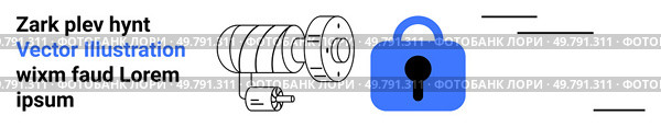 Blue padlock and grayscale motor components representing digital security and industrial safety. Ideal for cybersecurity, industrial automation, data protection, technical brochures, hardware. Digital Security Concept with Padlock and Motor Components for Industrial Safety. Стоковая иллюстрация, агентство Ingram Publishing / Фотобанк Лори