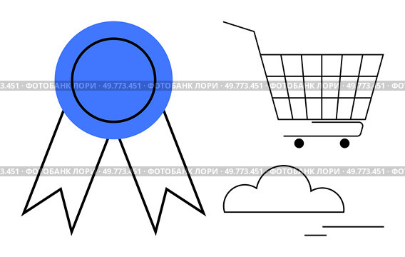 Blue ribbon with two tails next to a shopping cart and a cloud. Ideal for ecommerce websites, online shopping, quality assurance, customer satisfaction, and digital marketplaces. Minimal and clean. Shopping Cart with Ribbon Highlighting Online Store Quality Certification in Minimalist Design. Стоковая иллюстрация, агентство Ingram Publishing / Фотобанк Лори