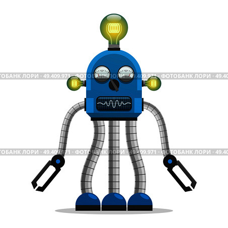 Blue robot with light bulbs and speech and power indicators instead of face stand on three limbs isolated vector illustration on white background.. Robot with Light Bulbs and Indicators Illustration. Стоковая иллюстрация, агентство Ingram Publishing / Фотобанк Лори