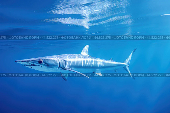 Blue shark (Prionace glauca) in blue water. Стоковое AI-изображение, AI-художник Veniamin Kraskov / Фотобанк Лори
