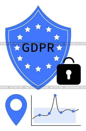Blue shield with GDPR text stars secure lock location marker and line graph. Ideal for data protection, privacy, regulation, cybersecurity, analytics, EU law, and secure systems. Line metaphor. GDPR Compliance and Data Security Illustration with Shield, Lock, and Data Graph Elements. Стоковая иллюстрация, агентство Ingram Publishing / Фотобанк Лори