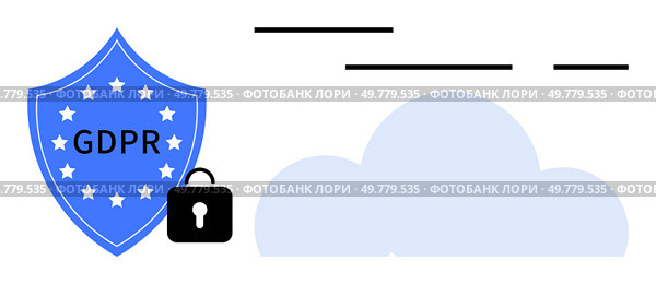 Blue shield with stars and GDPR text, black lock, and cloud symbolizing data security and privacy. Ideal for cybersecurity, data protection, legal compliance, IT services, online privacy, cloud. GDPR Compliance with Cloud Security and Data Protection Shield. Стоковая иллюстрация, агентство Ingram Publishing / Фотобанк Лори