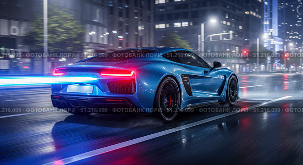 Blue sports car driving fast in city at night, supercar with glowing taillights on wet road, high speed motion blur with light trails. Стоковое AI-изображение, AI-художник Павел Муравьев / Фотобанк Лори
