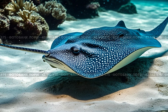 Blue spotted stingray (Myliobatoidei) cartilaginous fish on sandy bottom in tropical underwaters. Skate in underwater wild animal world. Observation of wildlife ocean. Scuba diving in Ecuador coast. Стоковое AI-изображение, AI-художник Aleksandr Golubev / Фотобанк Лори
