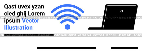 Blue wireless signal waves emitting from a central point next to a black laptop with placeholder text. Ideal for websites, apps, e-learning, tech blogs, banners, marketing, education resources. Blue wireless Signal with Black Laptop and Placeholder Text for Digital Connectivity Theme. Стоковая иллюстрация, агентство Ingram Publishing / Фотобанк Лори